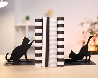 Metal Cat Bookends Set, Unique Home Library Decor