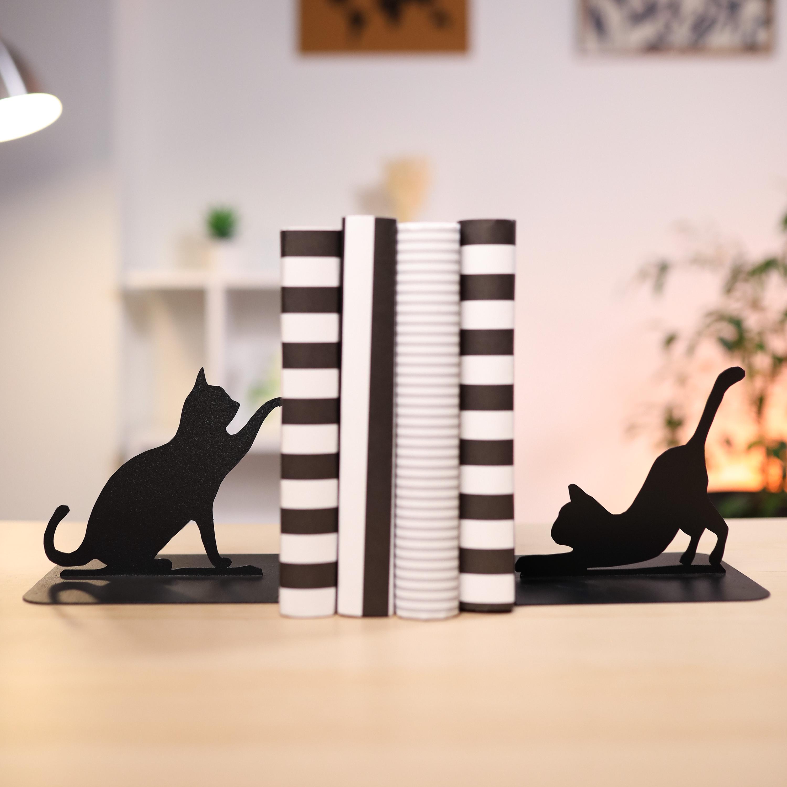 黒猫のブックエンド、子猫のシルエットのメタルブックエンド、図書館の 