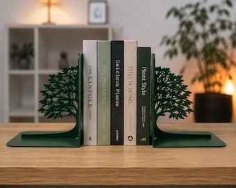 Metalowa podpórka do książek w kształcie drzewa: zielony stojak na książki, dekoracja półki bibliotecznej