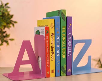 Boekensteunen voor kinderen van A tot Z, metalen boekensteunen met alfabetletters, gepersonaliseerde decoratie voor de kinderkamerboekenkast