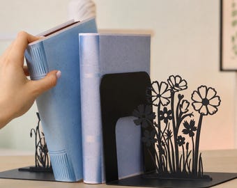 Flowers Design Metal Bookends: Floral Books Holder, Nature Lover Gift