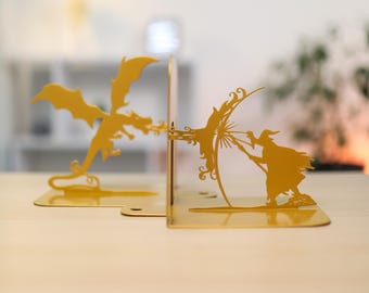 Book Lover Gift Bookends Dragon Wizard Metal Art Decor Unique Home Library Fantasy Room Decoration Magician Book Ends Lord of Rings Lover