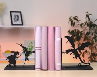Dragon & Wizard Metal Bookends, Fantasy Library Decor