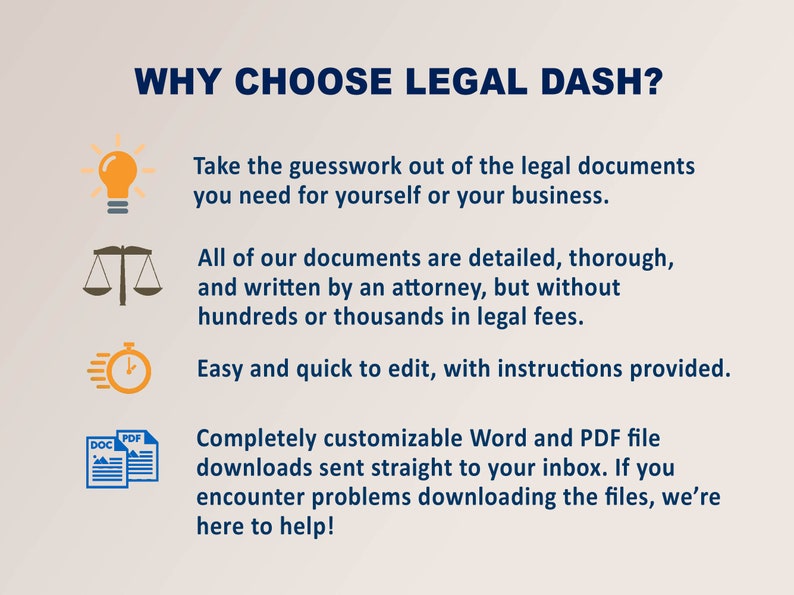 May include: A graphic with a blue background and white text that reads "WHY CHOOSE LEGAL DASH?"  The graphic features four icons: a lightbulb, a scale of justice, a timer, and two documents labeled "DOC" and "PDF".  The text below the icons describes the benefits of using Legal Dash, including easy-to-edit documents written by an attorney.