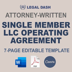 Könnte beinhalten: Ein digitaler Download einer 7-seitigen, editierbaren Betriebsvereinbarung für eine Ein-Personen-GmbH. Die Vorlage ist in den Formaten Word, PDF und Canva verfügbar. Der Text "LEGAL DASH ATTORNEY-WRITTEN" wird im oberen Teil des Bildes angezeigt.