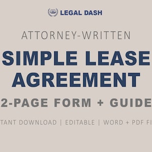 Puede incluir: Un gr&aacute;fico azul y blanco con el texto "LEGAL DASH" en blanco sobre fondo azul. El texto "ATTORNEY-WRITTEN" est&aacute; en gris. El texto "SIMPLE LEASE AGREEMENT" est&aacute; en azul. El texto "2-PAGE FORM + GUIDE" est&aacute; en gris. El texto "INSTANT DOWNLOAD | EDITABLE | WORD + PDF FILES" est&aacute; en gris.