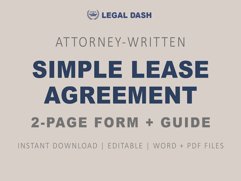 Puede incluir: Un gr&aacute;fico azul y blanco con el texto "LEGAL DASH" en blanco sobre fondo azul. El texto "ATTORNEY-WRITTEN" est&aacute; en gris. El texto "SIMPLE LEASE AGREEMENT" est&aacute; en azul. El texto "2-PAGE FORM + GUIDE" est&aacute; en gris. El texto "INSTANT DOWNLOAD | EDITABLE | WORD + PDF FILES" est&aacute; en gris.