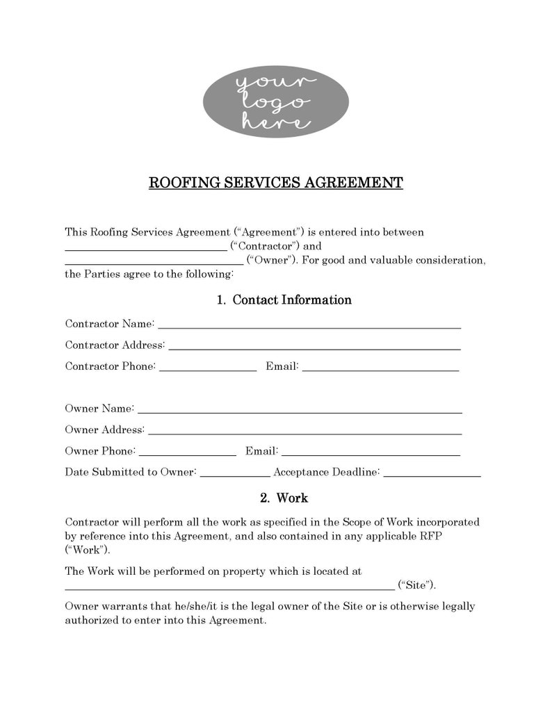 Roofing Service Contract Form Attorneywritten Editable Etsy