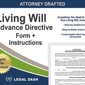 May include: A blue, green, and gray graphic with the text "Living Will Advance Directive Form + Instructions" and a gold star with the text "Digital File Download!"  The graphic also includes a legal document with the text "Living Will Advance Health Care Directive".