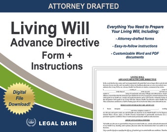 May include: A blue, green, and gray graphic with the text "Living Will Advance Directive Form + Instructions" and a gold star with the text "Digital File Download!"  The graphic also includes a legal document with the text "Living Will Advance Health Care Directive".