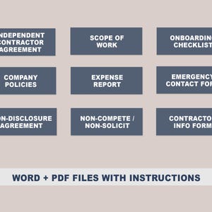 May include: A graphic with nine blue rectangular boxes, each containing text in white. The boxes are arranged in three rows of three. The text in the boxes includes: "Independent Contractor Agreement", "Scope of Work", "Onboarding Checklist", "Company Policies", "Expense Report", "Emergency Contact Form", "Non-Disclosure Agreement", "Non-Compete / Non-Solicit", and "Contractor Info Form". Below the boxes is a white rectangle with the text "WORD + PDF FILES WITH INSTRUCTIONS" in black.
