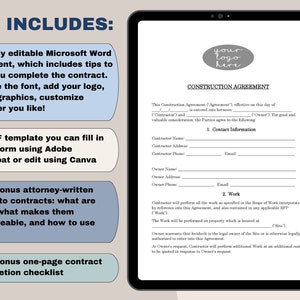 May include: A digital tablet displaying a construction agreement template. The template includes sections for contact information, work details, and a signature line. The text "KIT INCLUDES" is displayed on the left side of the screen, listing the contents of the kit.