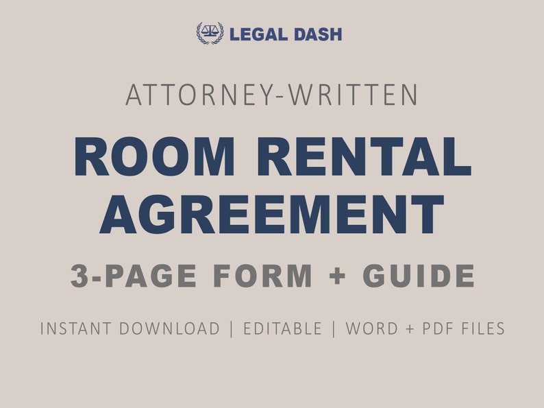 K&ouml;nnte beinhalten: Eine blaue und wei&szlig;e Grafik mit dem Text "LEGAL DASH" und "ATTORNEY-WRITTEN ROOM RENTAL AGREEMENT 3-PAGE FORM + GUIDE INSTANT DOWNLOAD | EDITABLE | WORD + PDF FILES".