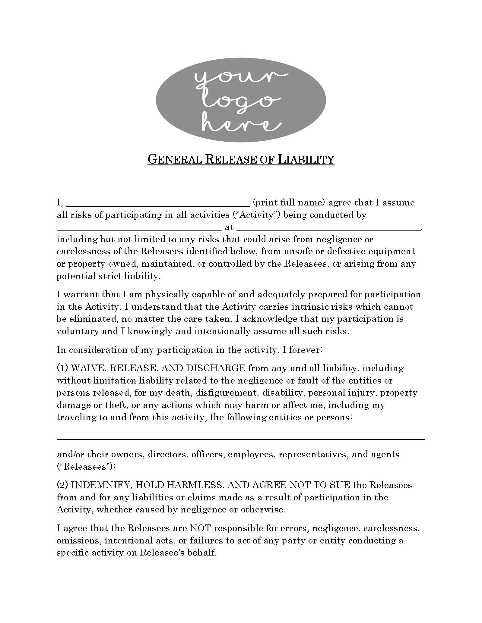 Attorney-written Liability Release Form: Editable Waiver (editable ...