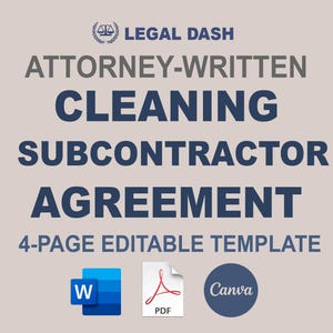Op de afbeelding: Een blauwe en witte afbeelding met de tekst "LEGAL DASH ATTORNEY-WRITTEN CLEANING SUBCONTRACTOR AGREEMENT 4-PAGE EDITABLE TEMPLATE" en pictogrammen voor Word, PDF en Canva.