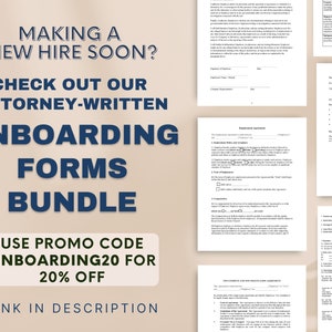 May include: A graphic with blue text on a beige background that reads "Making a new hire soon? Check out our attorney-written onboarding forms bundle. Use promo code ONBOARDING20 for 20% off. Link in description."