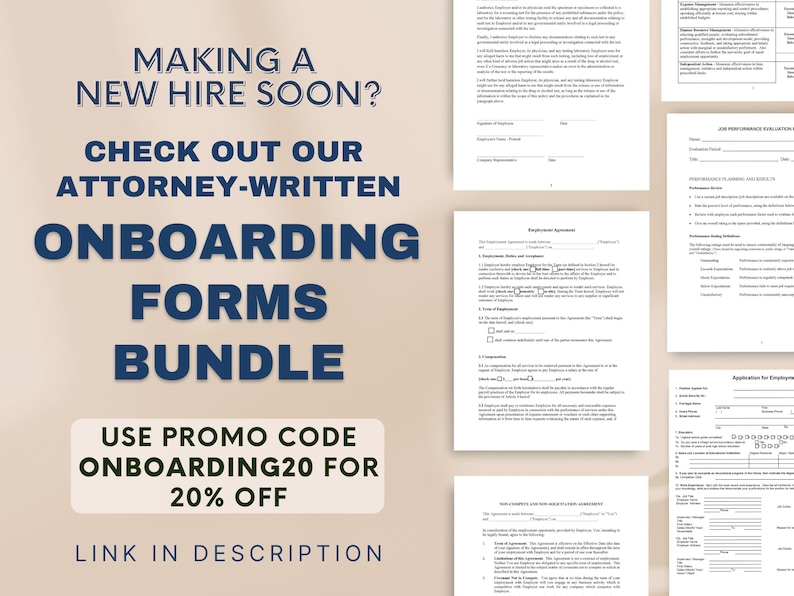 May include: A graphic with blue text on a beige background that reads "Making a new hire soon? Check out our attorney-written onboarding forms bundle. Use promo code ONBOARDING20 for 20% off. Link in description."