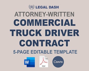 以下が含まれることがあります： 「LEGAL DASH ATTORNEY-WRITTEN COMMERCIAL TRUCK DRIVER CONTRACT 5-PAGE EDITABLE TEMPLATE」というテキストと、Word、PDF、Canvaのアイコンが書かれた青と白のグラフィックです。
