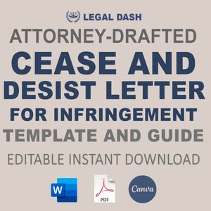 Może przedstawiać: Cyfrowy szablon do pobrania dla listu o zaprzestaniu i zaniechaniu naruszeń. Szablon jest dostępny w formatach Word, PDF i Canva. Tekst na obrazku brzmi "List o zaprzestaniu i zaniechaniu naruszeń sporządzony przez prawnika Szablon i przewodnik Natychmiastowe pobranie do edycji".