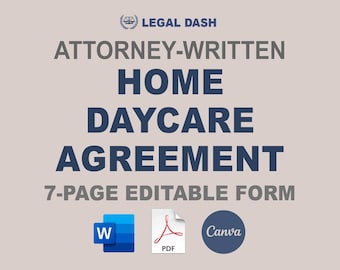 以下が含まれることがあります： Word、PDF、Canva のアイコンが付いた、「LEGAL DASH ATTORNEY-WRITTEN HOME DAYCARE AGREEMENT 7-PAGE EDITABLE FORM」というテキストが書かれた青と白のグラフィックです。
