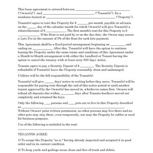 Puede incluir: Un documento de contrato de arrendamiento en blanco y negro con el t&iacute;tulo "LEASE AGREEMENT" en la parte superior. El documento describe los t&eacute;rminos y condiciones de un contrato de arrendamiento entre un arrendador y un inquilino.