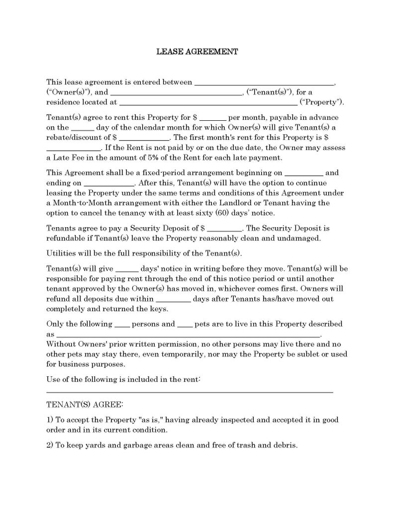 Puede incluir: Un documento de contrato de arrendamiento en blanco y negro con el t&iacute;tulo "LEASE AGREEMENT" en la parte superior. El documento describe los t&eacute;rminos y condiciones de un contrato de arrendamiento entre un arrendador y un inquilino.