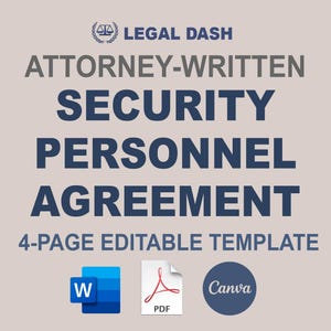 Könnte beinhalten: Eine blaue und weiße Grafik mit dem Text "LEGAL DASH ATTORNEY-WRITTEN SECURITY PERSONNEL AGREEMENT 4-PAGE EDITABLE TEMPLATE" und Symbolen für Word, PDF und Canva.