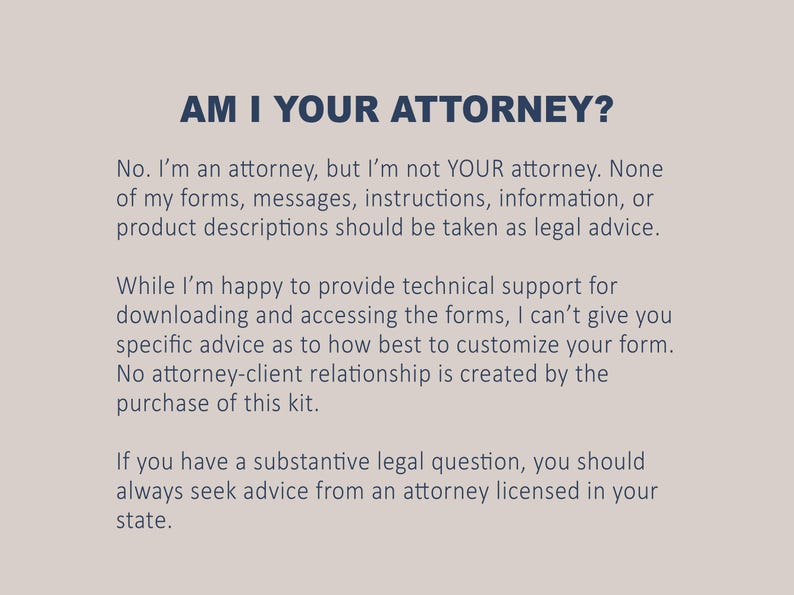 May include: Text on a light gray background with the title "AM I YOUR ATTORNEY?" and a disclaimer stating that the information provided is not legal advice and that a lawyer should be consulted for legal questions.