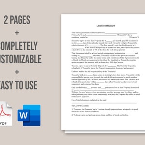 Puede incluir: Una plantilla de contrato de arrendamiento personalizable en formato PDF y Word. El documento incluye un t&iacute;tulo, "Contrato de arrendamiento", y texto que describe los t&eacute;rminos del acuerdo.