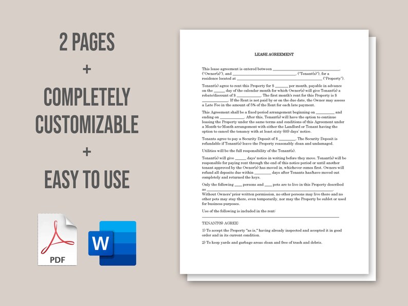 Puede incluir: Una plantilla de contrato de arrendamiento personalizable en formato PDF y Word. El documento incluye un t&iacute;tulo, "Contrato de arrendamiento", y texto que describe los t&eacute;rminos del acuerdo.