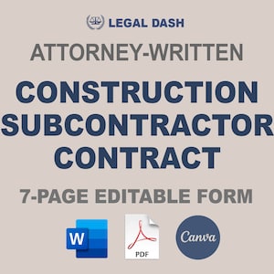 Construction Subcontractor Contract Form | Attorney-Written Editable Instant Download | Per Job Subcontractor Agreement | Subcontractor Form