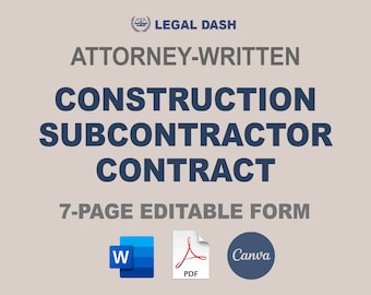 Construction Subcontractor Contract Form | Attorney-Written Editable Instant Download | Per Job Subcontractor Agreement | Subcontractor Form