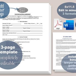 May include: A printable 3-page postpartum doula agreement template in PDF, Word, and Canva formats. The template includes sections for client information, services provided, and services not provided. It also includes a bonus lawyer-written guide to contracts.