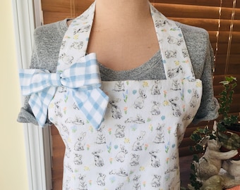 Ladies Easter Apron--Spring Gift for Mom--Handmade Cooking Apron--Hostess Gift--Springtime Bunny Apron--Removeable Bow--Blue and White Apron