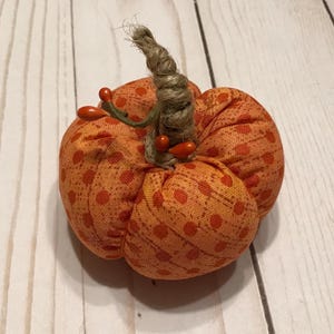 May include: A small orange and brown fabric pumpkin with a brown twine stem and red berry accents.