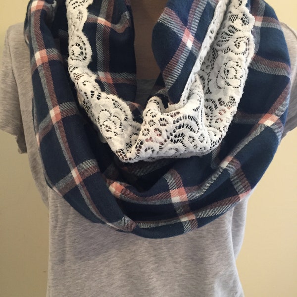 Infinity Scarf--Gift for Her--Cozy Women's Scarf--Navy/Pink/Ivory Flannel with Cream Lace Accent Trim