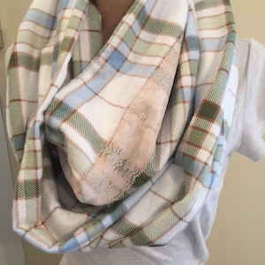 Plaid Flannel Infinity Scarf with Taupe Lace - Handmade