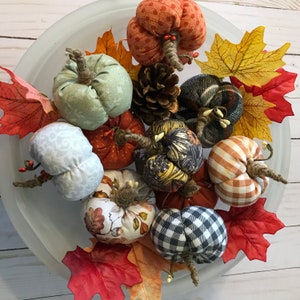 May include: A bowl filled with various autumn-themed fabric pumpkins in different colours and patterns, including plaid, gingham, and floral prints. The pumpkins are surrounded by autumn leaves.