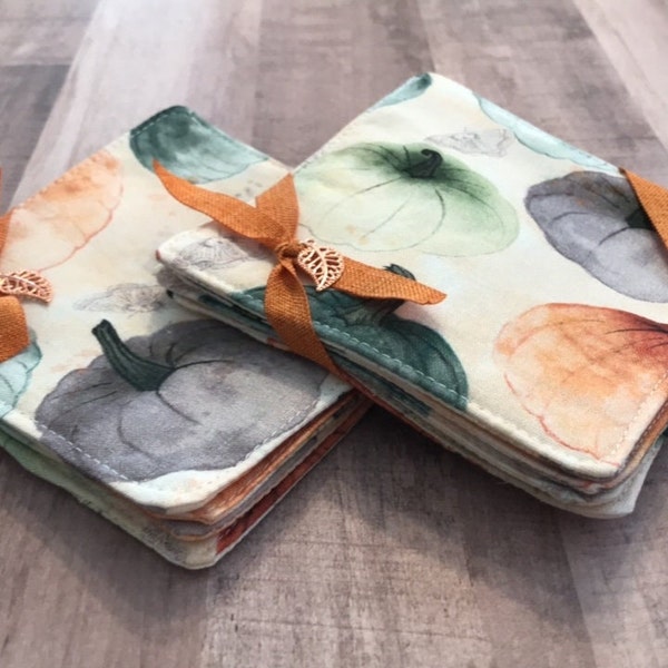 Fall Coasters-Watercolor Pumpkin design-Set of Four Handmade Coasters-Soft Hues of Violet, Celery green, Copper and Spruce-Washable Coasters