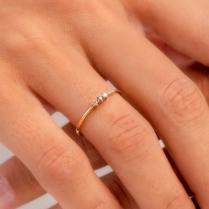 14k Solid Gold Three Stone Ring: Cubic Zirconia Stackable Ring