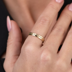 14k Solid Gold Double Heart Ring: Hammered Stacking Band