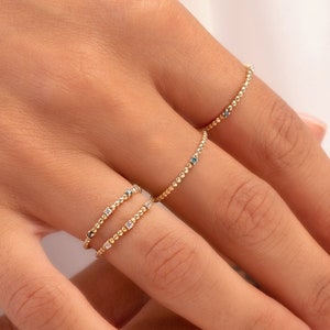 14k Solid Gold Beaded Ring: Three Stone Cubic Zirconia Stackable Ring