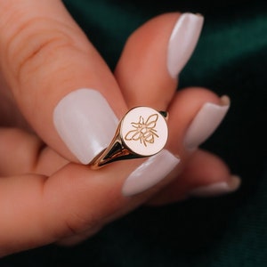 14k Solid Gold Bee Signet Ring: Dainty Chevalier Style