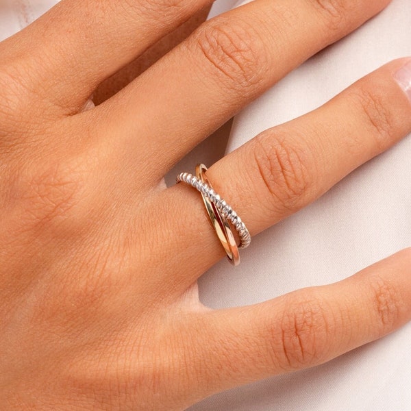 14k Solid Gold Dreibettzimmer Ehering | Einzigartige Interlocking Ring | Goldhochzeitsring | Chunky Puzzle Ring | Rolling Ring | Dreifach Band Ring