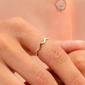 14k Solid Gold Ripple Ring: Dainty Wave Wedding Band