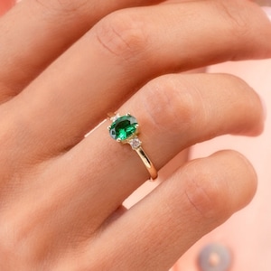 14k Solid Gold Emerald Ring: Oval Cubic Zirconia Engagement Ring