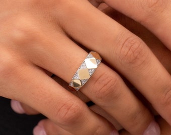 14k Solid Gold Rhombus Ring: Geometric Dome Band
