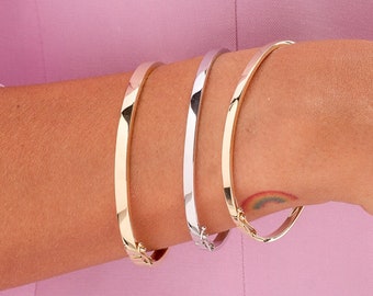14k Gold Hinged Bangle Bracelet: Engraved Oval Cuff, Custom Fit