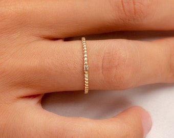 14k Solid Gold Beaded Ring | One Stone Ring | Solitaire Ring | Cubic Zirconia Ring | Engagement Ring | Birthstone Ring | Anniversary Gift
