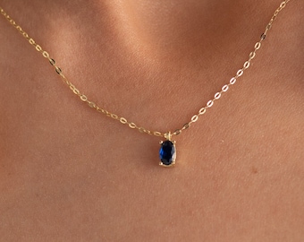 14k Solid Gold Sapphire Solitaire Necklace: Prong Set Pendant